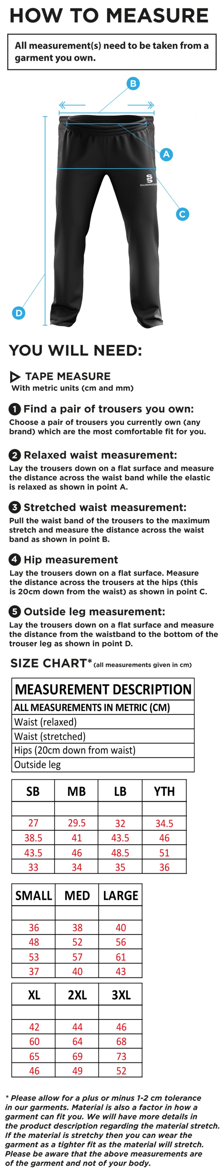 Hull York Medical School Ripstop Track Pants - Size Guide