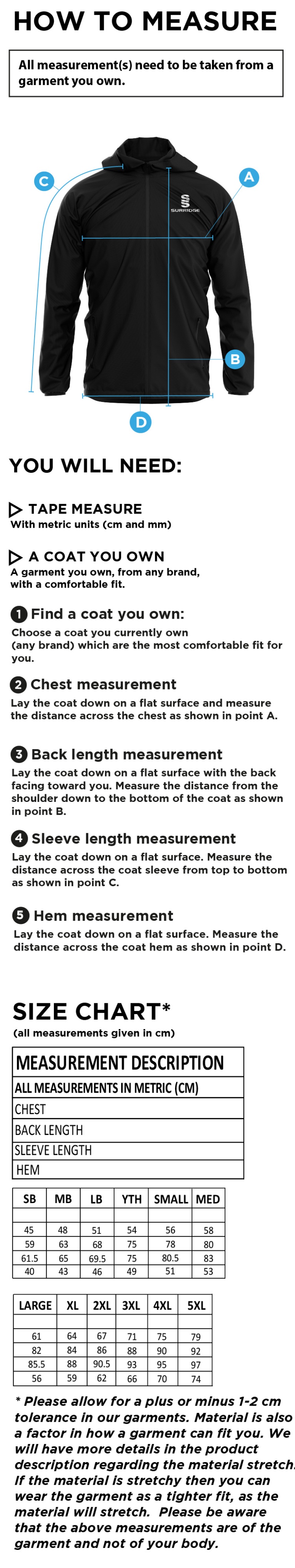 HULL YORK MEDICAL SCHOOL Dual Full Zip Training Jacket - Size Guide