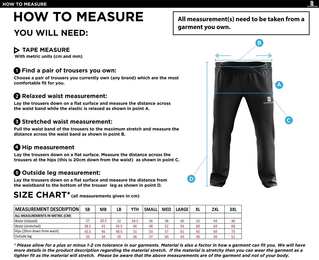 Hull York Medical School Ripstop Track Pants - Size Guide