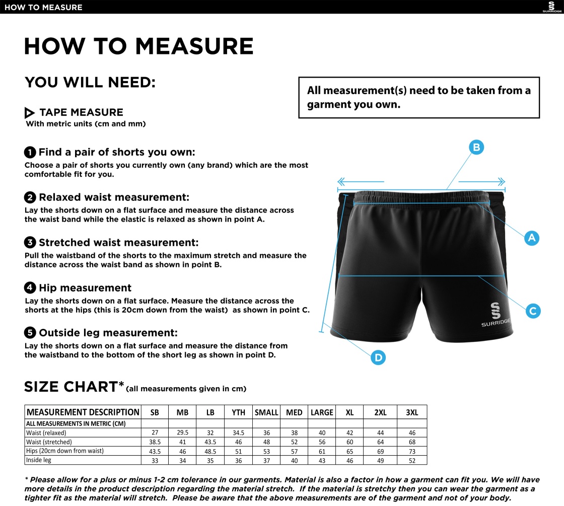 Hull York Medical School Dual Shorts - Size Guide