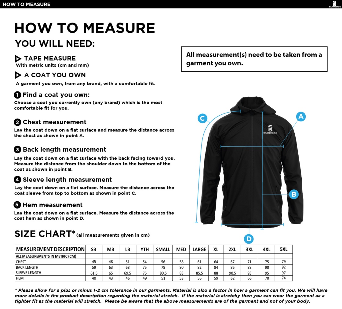 HULL YORK MEDICAL SCHOOL Dual Full Zip Training Jacket - Size Guide