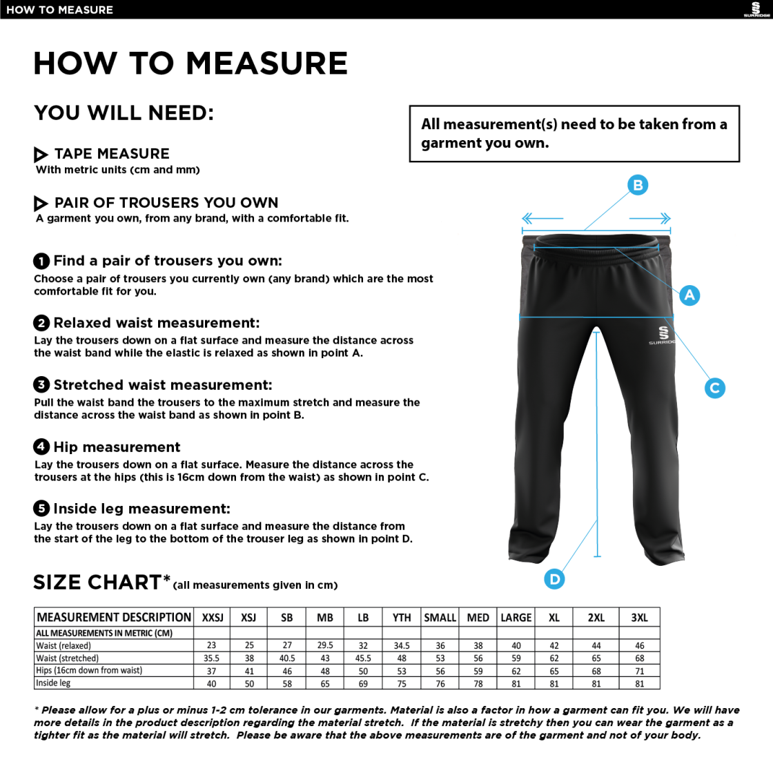 Hull York Medical School Poplin Track Pants - Size Guide
